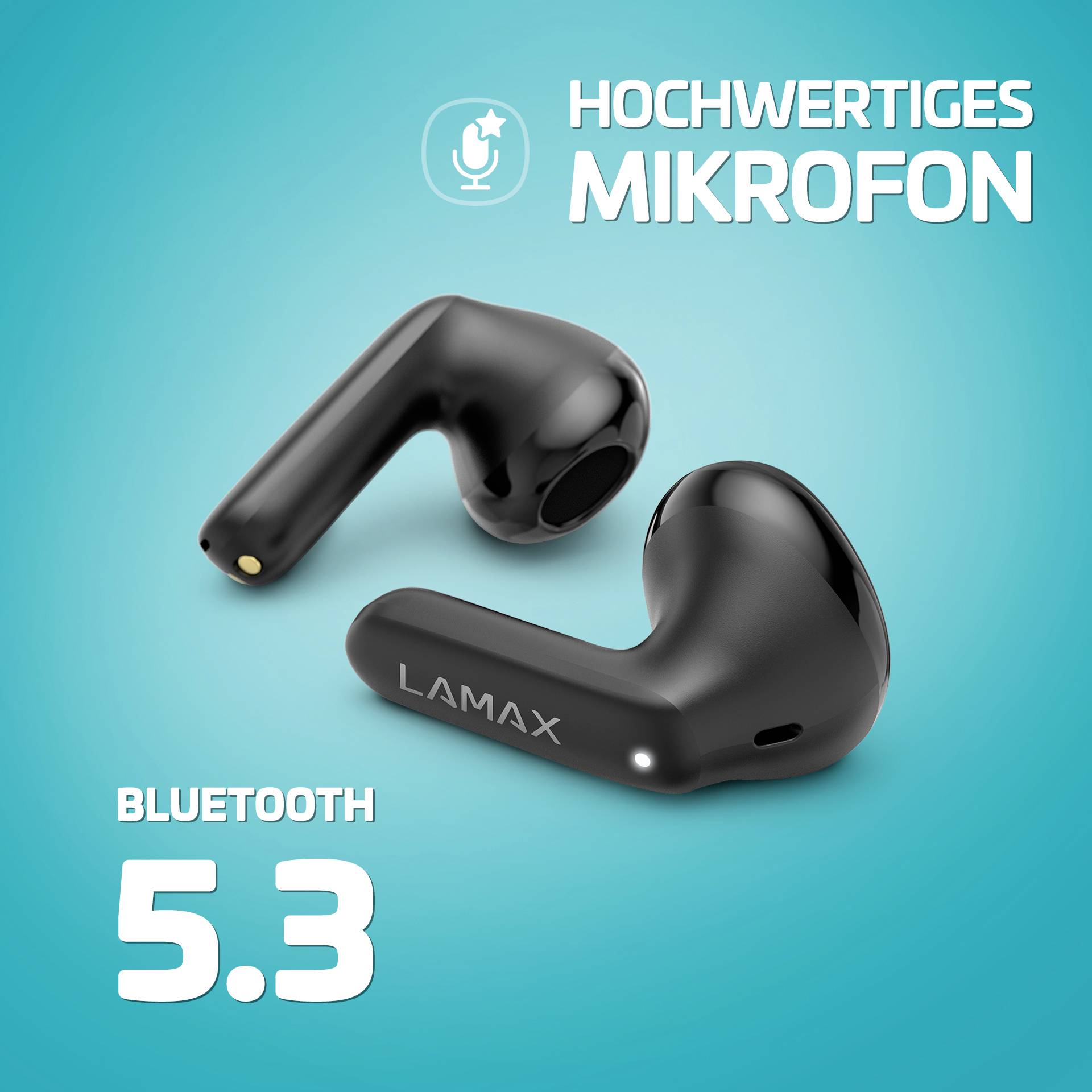 Zwei kabellose schwarze Ohrhörer mit Aufschrift 'LAMAX', beworben als Gerät mit hochwertigem Mikrofon und Bluetooth 5.3-Kompatibilität.
