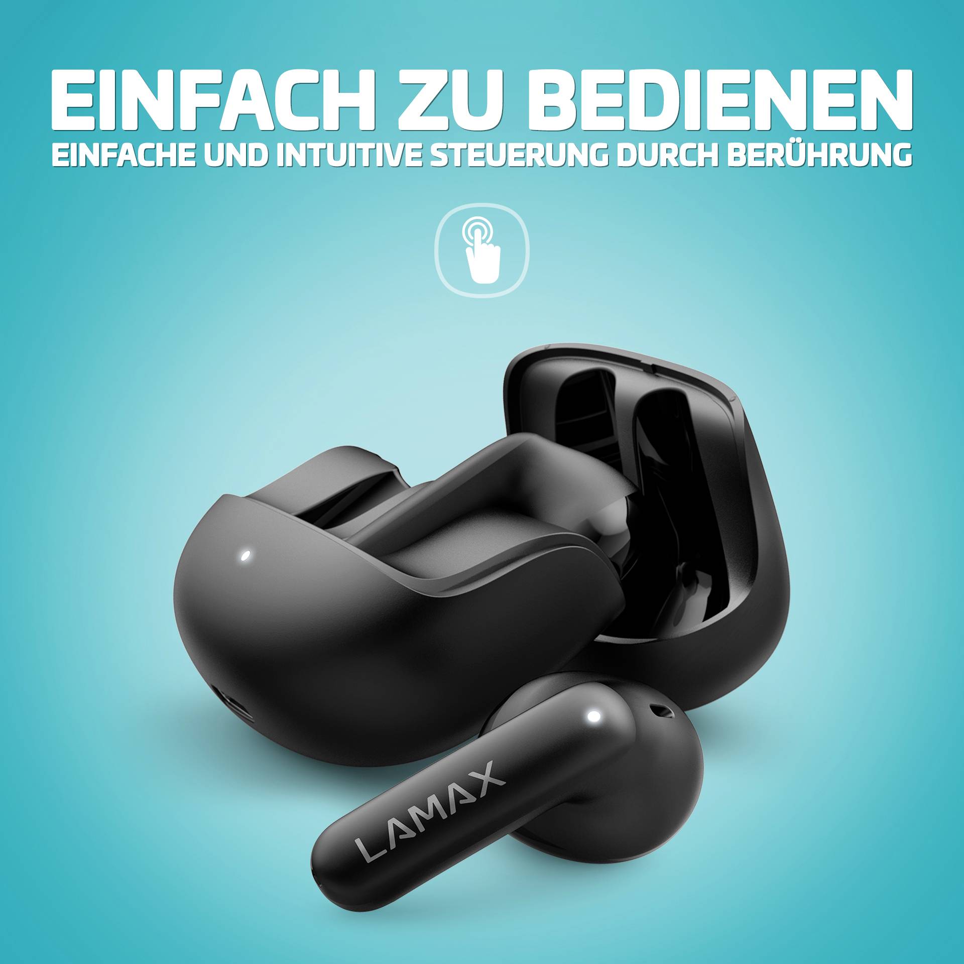Schwarzer Ohrhörer in einem Ladecase auf blauem Hintergrund. Darüber der Text 'Einfach zu bedienen - Einfache und intuitive Steuerung durch Berührung'.