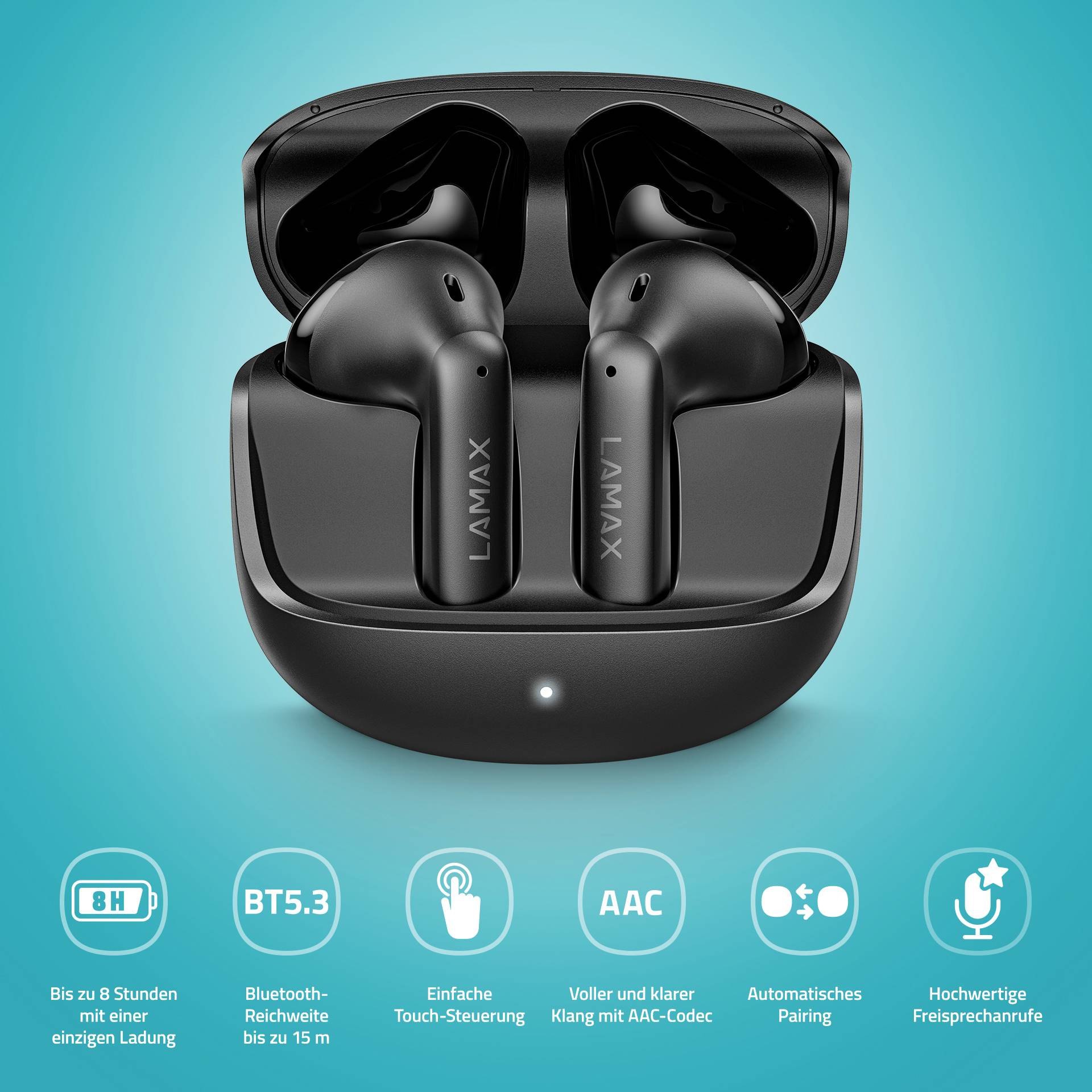 Schwarze kabellose Ohrhörer in Ladebox. Unten Symbole: 8 Stunden Akkulaufzeit, Bluetooth 5.3, Touch-Steuerung, AAC, automatisches Pairing, hohe Gesprächsqualität.