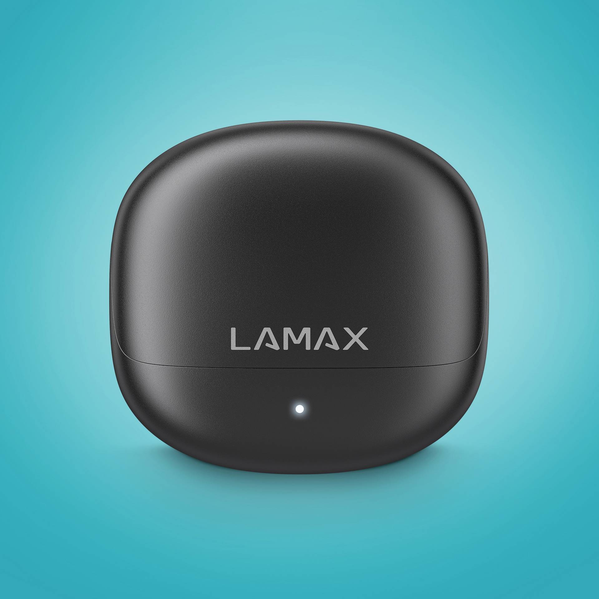 Eine schwarze, ovale Hülle mit der Aufschrift 'LAMAX' darauf. Die Hülle liegt vor einem blauen Hintergrund.