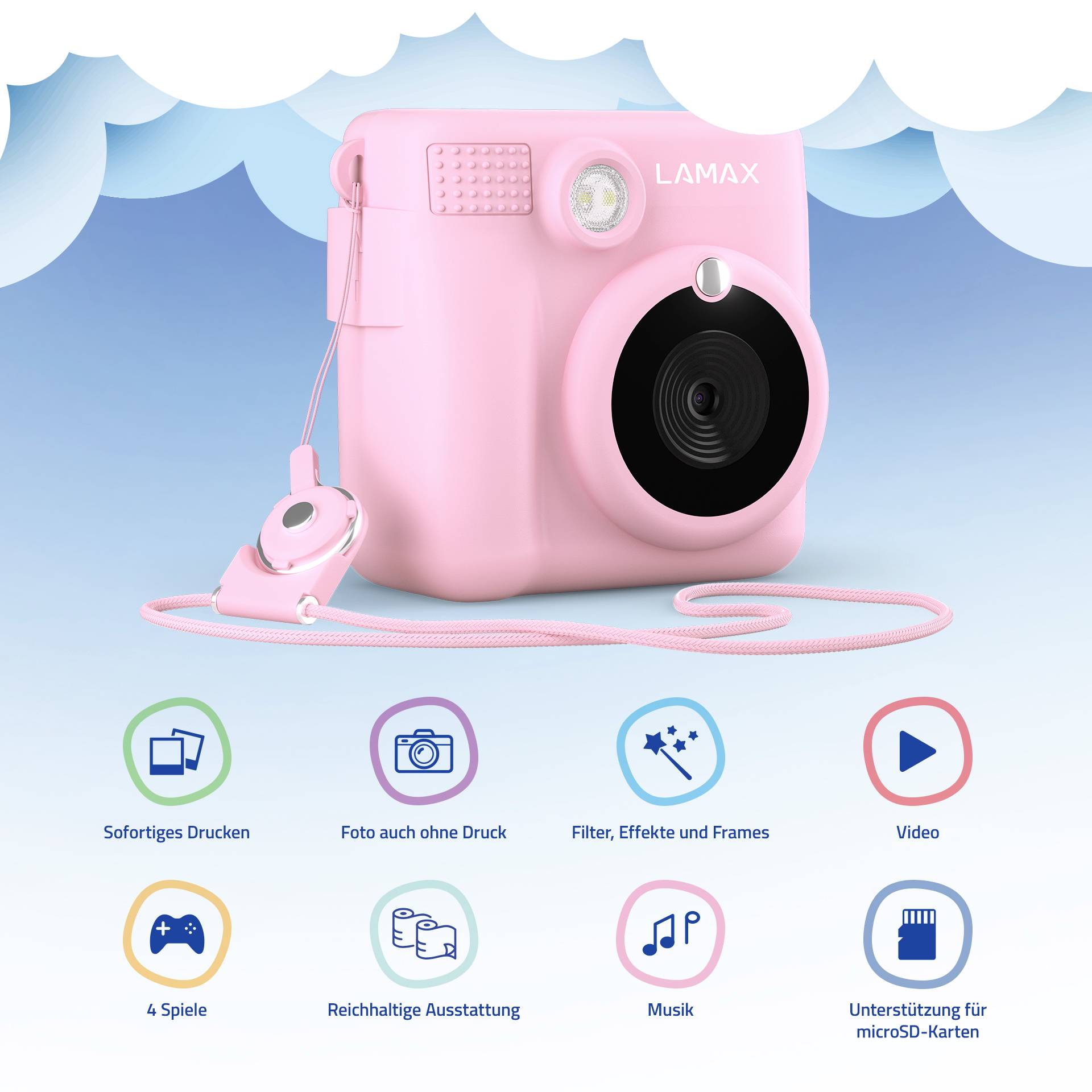 Eine rosa Sofortbildkamera mit diversen Funktionen abgebildet: Sofortdruck, Filter, Spiele, Musik und Unterstützung für microSD-Karten.