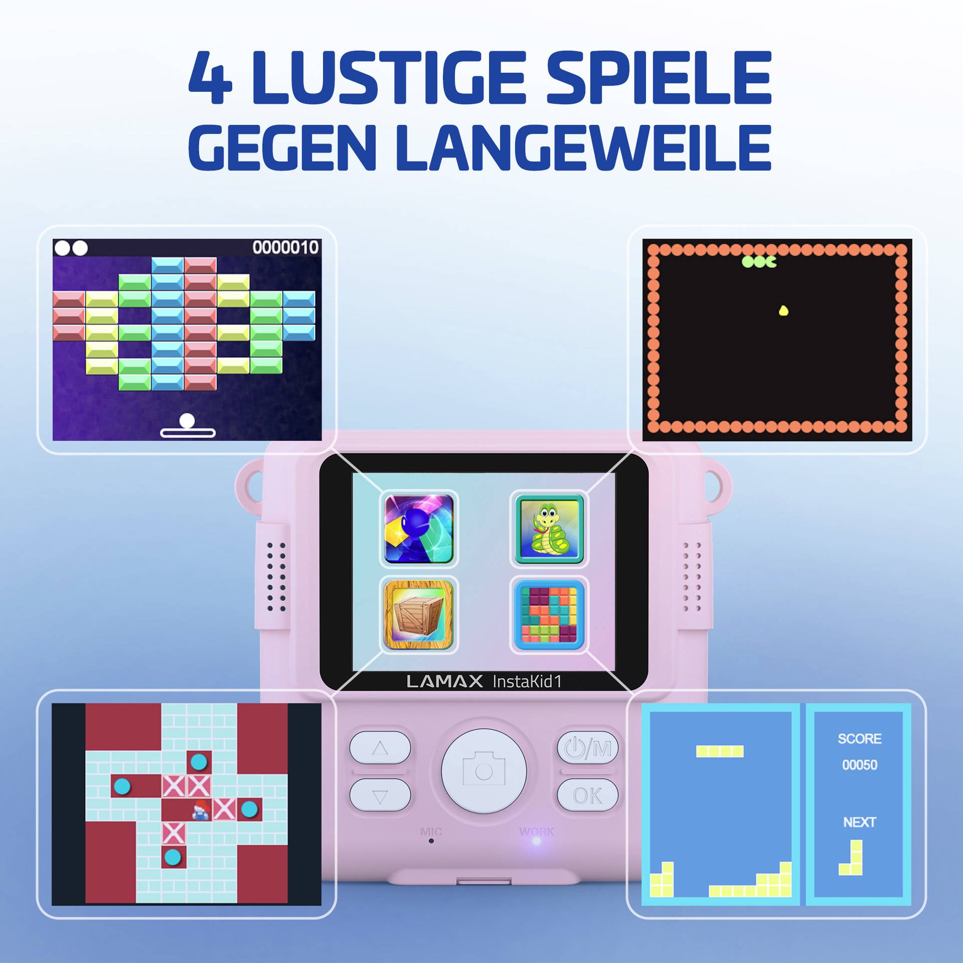 Eine rosa Spielkonsole zeigt vier Retro-Spiele-Icons auf dem Bildschirm. Oben steht: '4 lustige Spiele gegen Langeweile'.