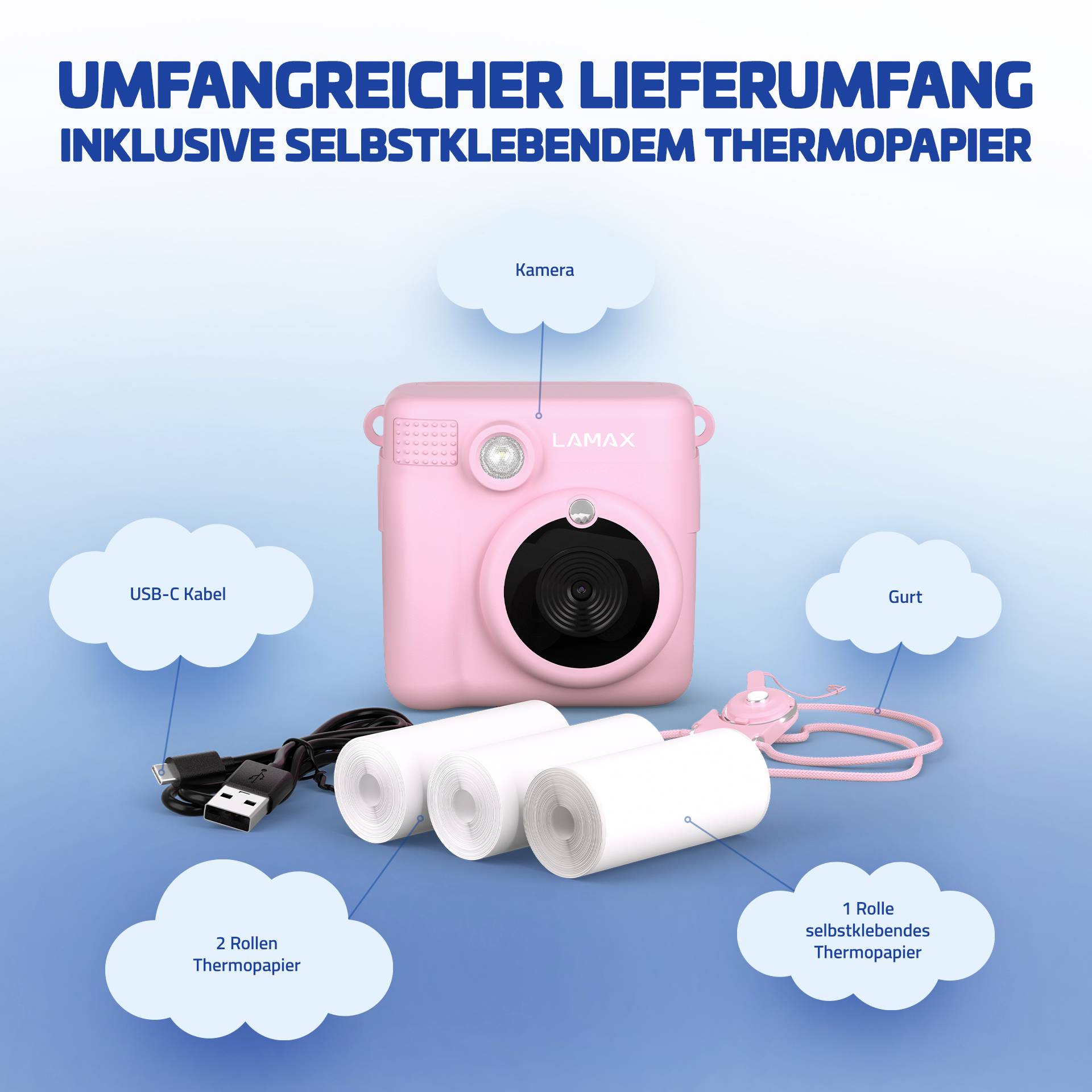 Eine rosa Kamera mit USB-C Kabel, Gurt, zwei Rollen Thermopapier und einer Rolle selbstklebendem Thermopapier. Text oben: 'Umfangreicher Lieferumfang inklusive selbstklebendem Thermopapier'.