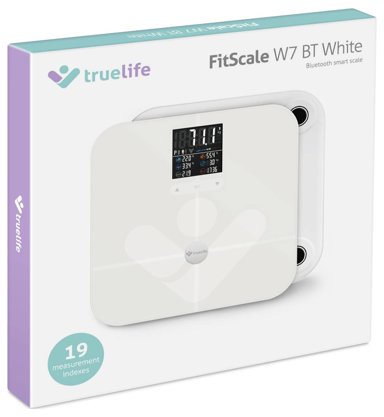 Verpackung einer weißen, smarten Bluetooth-Waage 'FitScale W7 BT'. Zeigt das Display mit verschiedenen Messindices. 19 Messindexe.