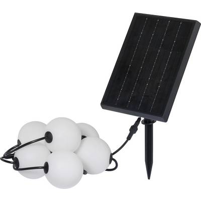 Solargartenleuchte mit sieben kugelförmigen Lichtern, verbunden durch ein Kabel. Ein Solarpanel daneben mit einem Erdspieß.