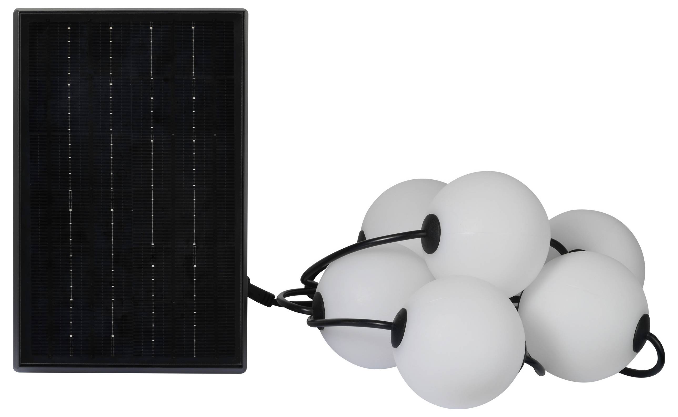 Solarbetriebene Lichterkette mit sechs kugelförmigen, weißen Lampen und einem Solarpanel, geeignet für Außenbereiche.
