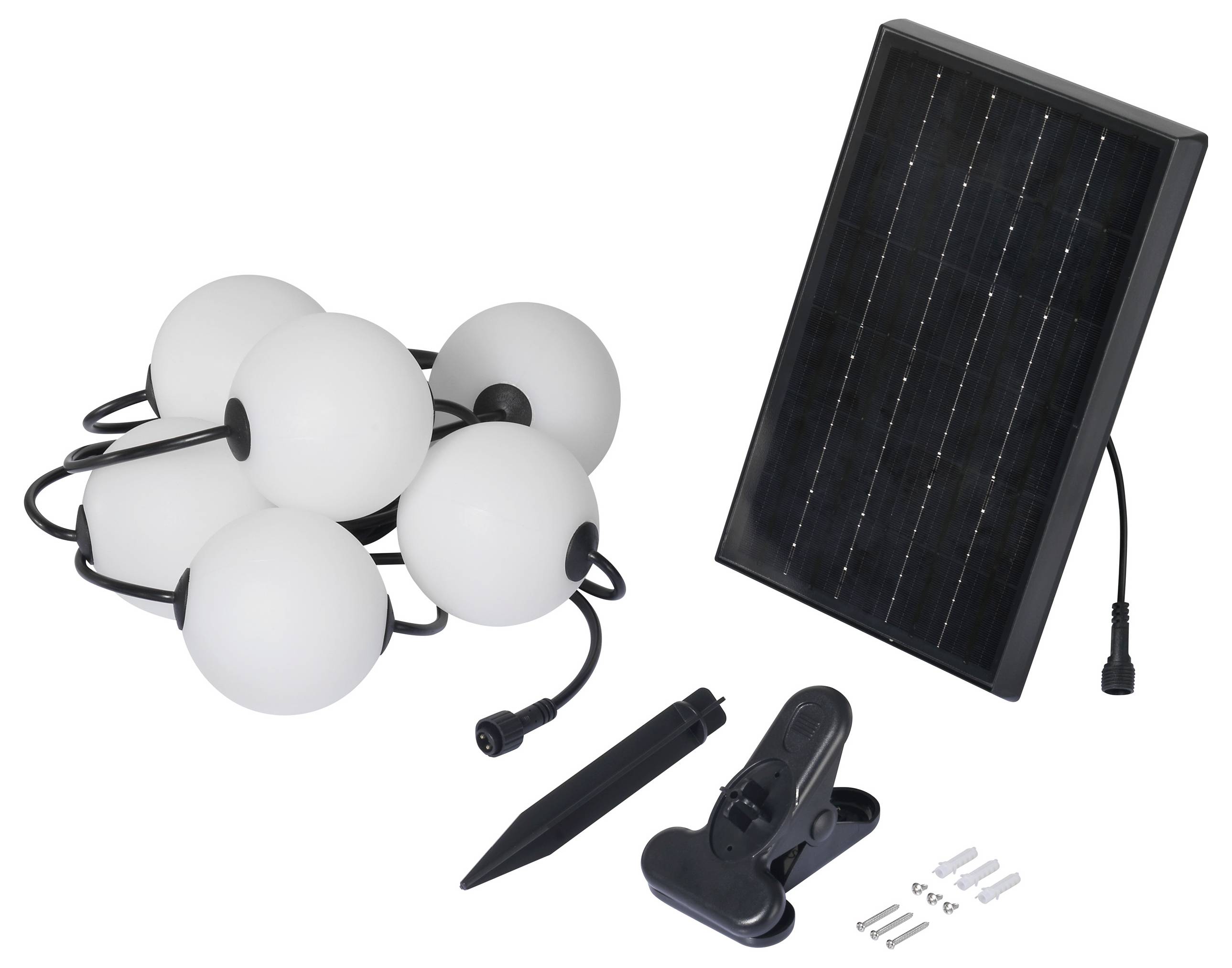 Solarbetriebene Kugel-Lichterkette mit Solarpanel, Erdspieß, Befestigungsclip und Montagezubehör.