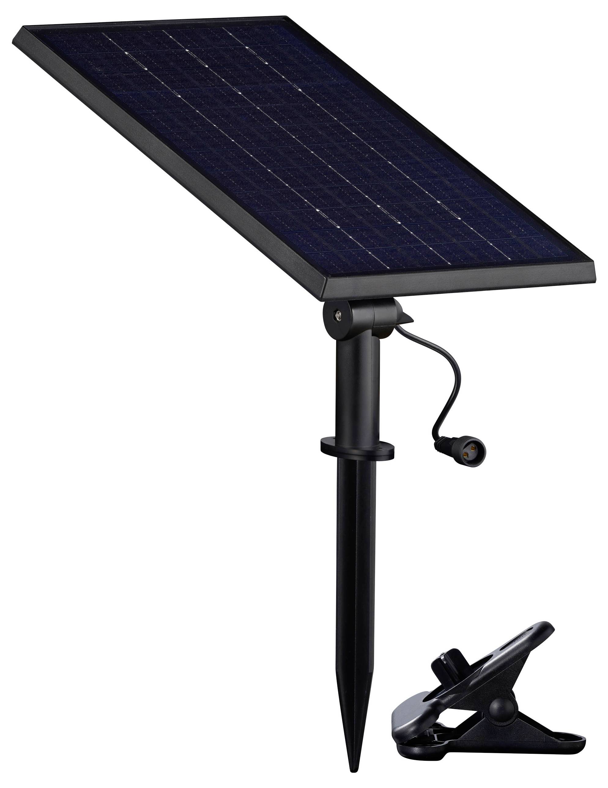 Solarpanel mit Erdspieß und Clip zur flexiblen Befestigung. Entworfen für die Stromversorgung von Outdoor-Geräten.