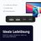 'Ideale Ladelösung' Text auf Ladegerät-Werbung, zeigt Ladegerät mit 2 USB-Anschlüssen und 2 Typ-C-Anschlüssen, perfekt für mehrere Geräte.