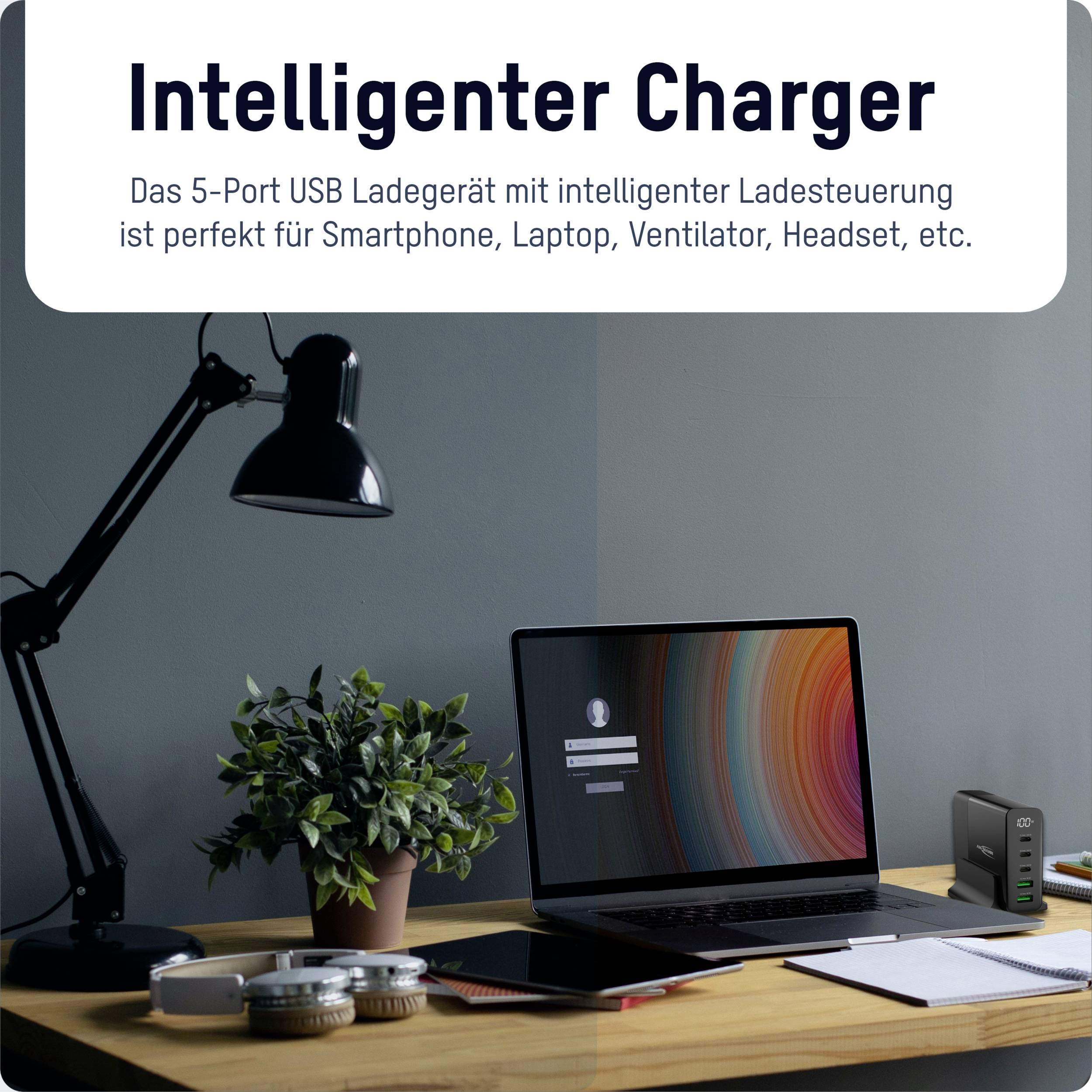 Intelligenter Charger: 5-Port USB Ladegerät für Smartphone, Laptop, Ventilator, etc. Mit intelligenter Ladeerkennung.
