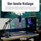 'Gaming-Setup mit Desktop-Ladegerät, Mikrofon und beleuchtetem PC. Text im Bild: Der beste Kollege; Ladestation integriert in Büro und Gaming-Alltag.'
