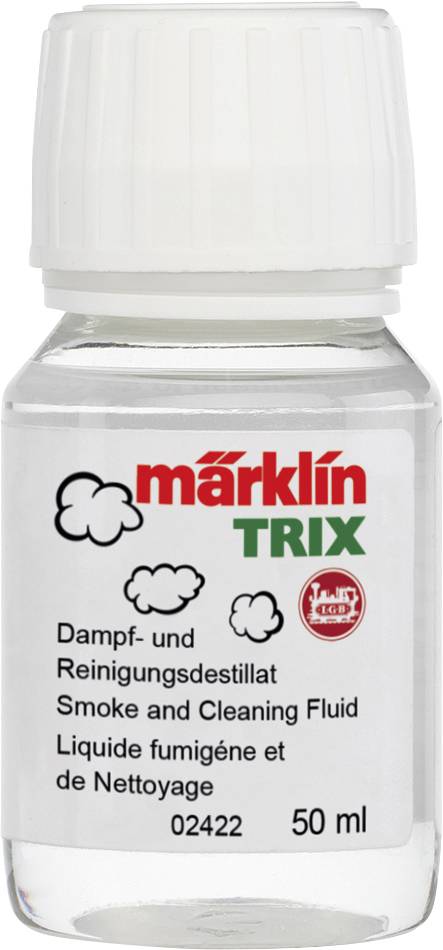 Flasche mit der Aufschrift 'märklin TRIX Dampf- und Reinigungsdestillat'. Enthält 50 ml Reinigungsflüssigkeit für Modelleisenbahnen.