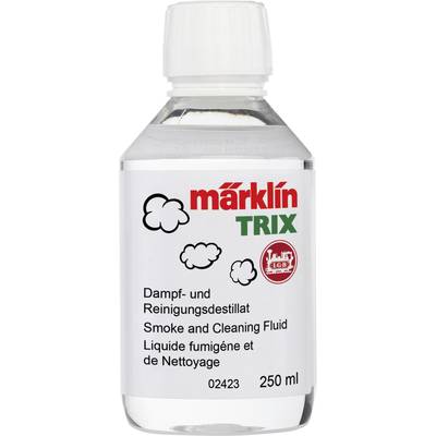 Flasche mit 'Märklin Trix' Dampf- und Reinigungsdestillat, Volumen von 250 ml, mit Wolkenmotiven und viersprachigem Etikett.