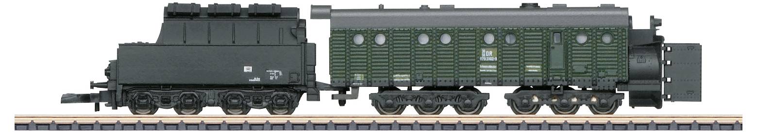 Modelleisenbahn-Dampflok in dunkler Farbe auf einem Gleisabschnitt. Sie ist detailliert gestaltet und repräsentiert ein historisches Design.