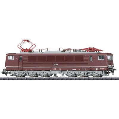 Eine dunkelrote Elektrolokomotive des Modells BR 143 mit detaillierter Oberleitung und Fahrgestell, Seitenansicht.