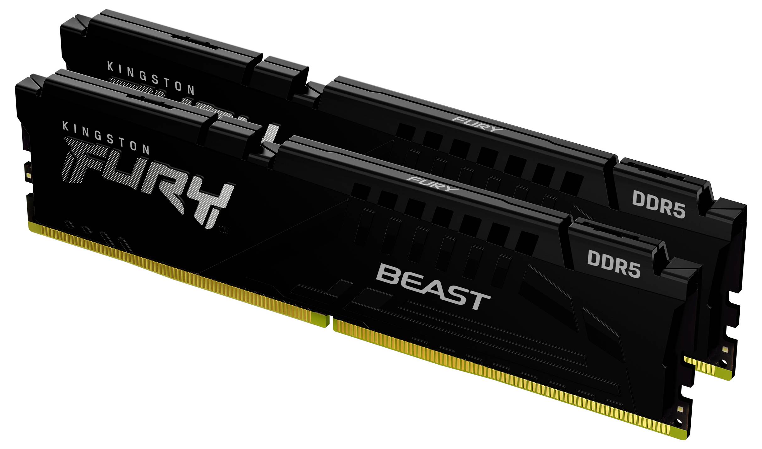 Zwei Kingston Fury Beast DDR5 RAM-Module, schwarz mit silbernem Schriftzug, nebeneinander liegend, für Hochleistungs-PCs.