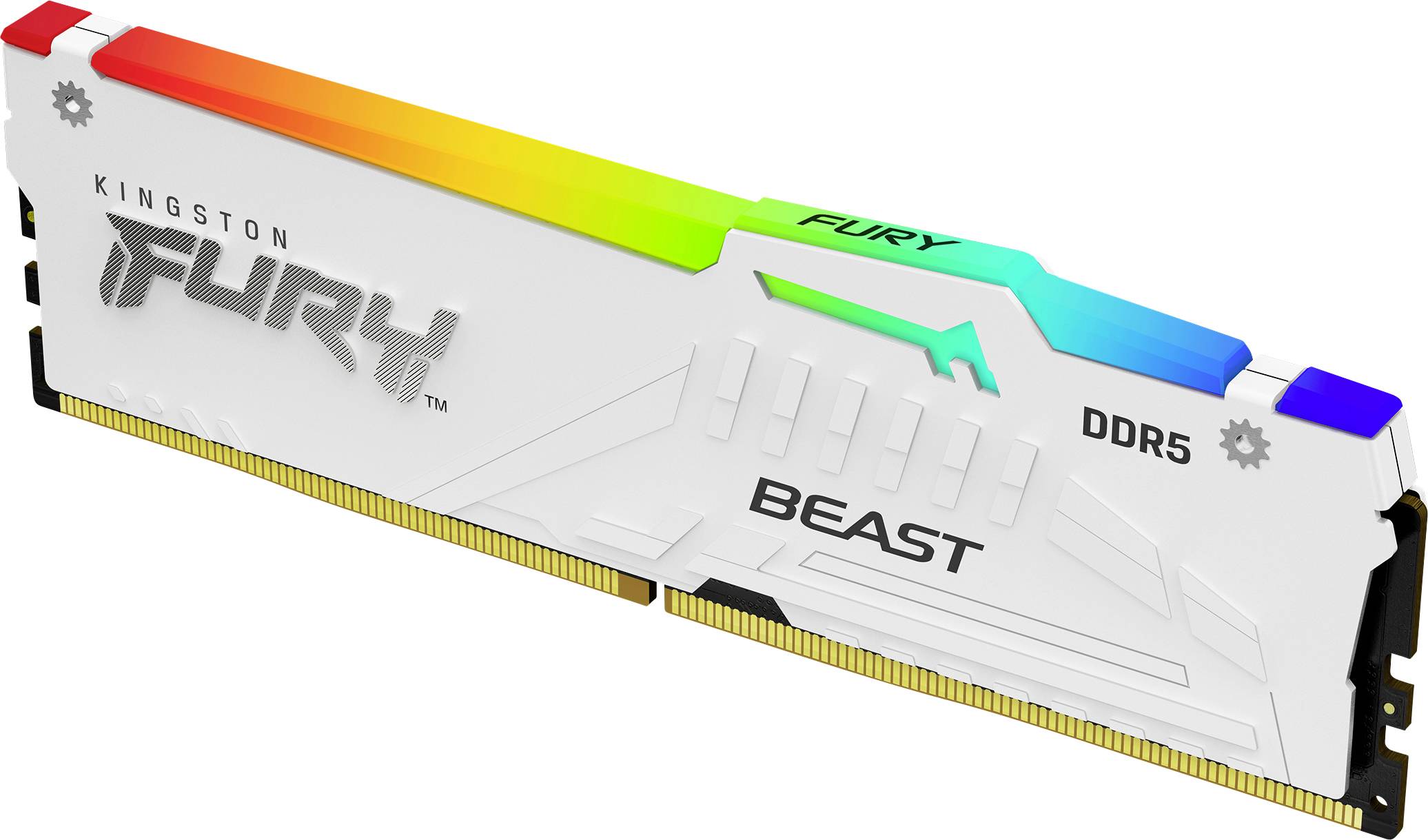 DDR5-RAM-Modul von Kingston mit weißem Gehäuse, bunten RGB-Lichtern entlang der Oberkante und der Aufschrift 'Fury Beast'.