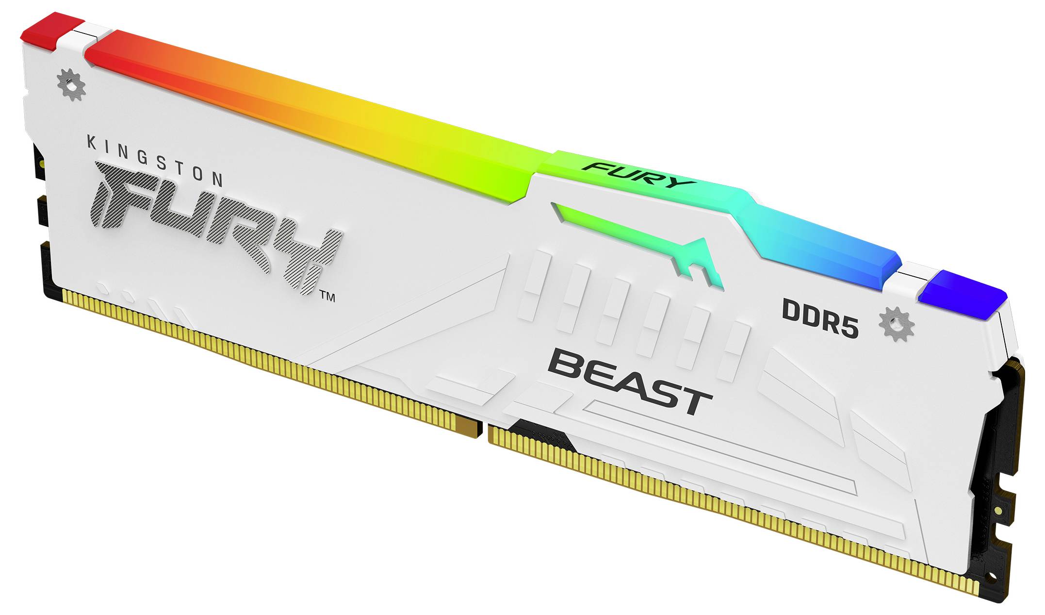 Ein weißer Kingston Fury Beast DDR5 RAM-Riegel mit RGB-Beleuchtung, der auf Leistungsstärke und Geschwindigkeit hinweist.