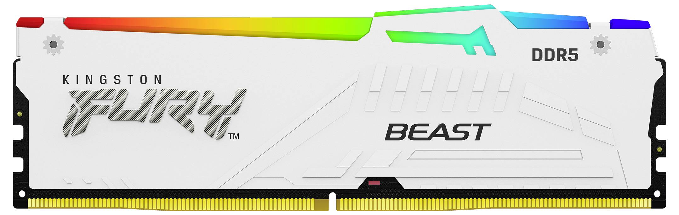 Weißer Kingston Fury Beast RAM-Stick mit RGB-Leiste, DDR5, zeigt modernes Design.