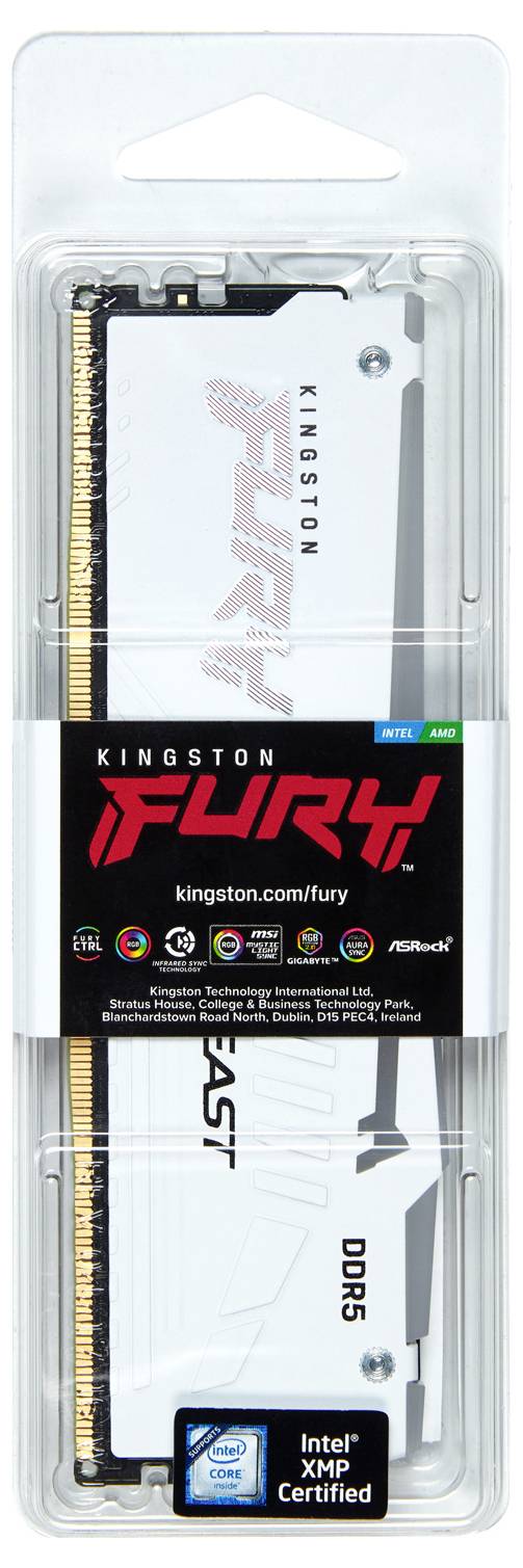 Eine Kingston Fury DDR5-Speicherkarte in ihrer Verpackung, mit der Aufschrift 'Fury' und 'Intel XMP Certified'.