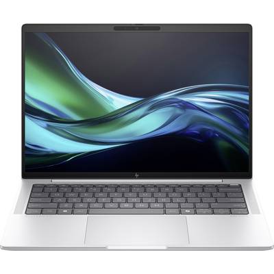 Ein Laptop mit geöffnetem Bildschirm zeigt ein abstraktes, wellenförmiges Muster in Blau- und Grüntönen auf schwarzem Hintergrund.