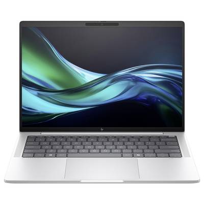Ein silberner Laptop mit aufgeklapptem Bildschirm zeigt ein abstraktes blau-grünes Hintergrundbild. Das Gerät steht auf einer ebenen Fläche.