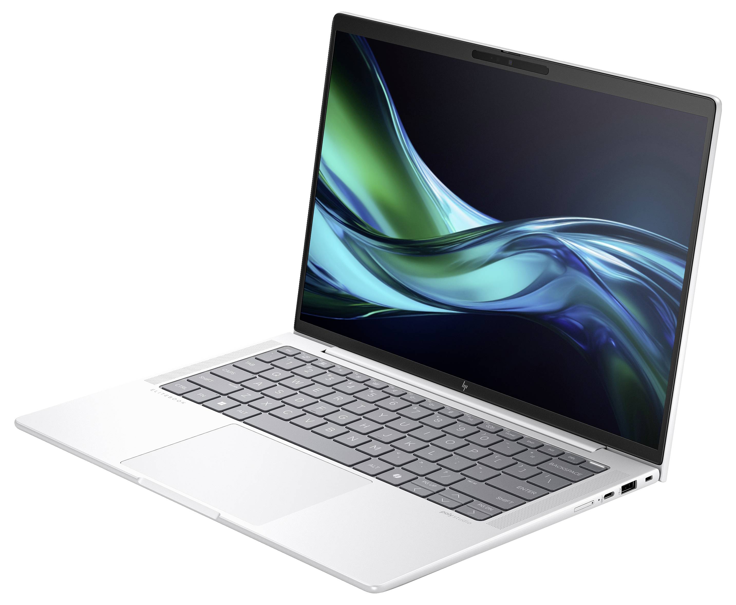 Ein moderner Laptop mit einem schlanken Design und einer hochauflösenden Bildschirmdarstellung in blauen und grünen Tönen.