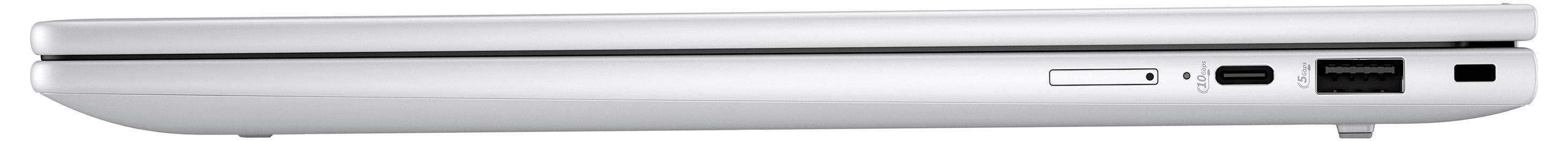 Silberner Laptop von der Seite, geschlossen, mit erkennbaren Anschlüssen und Schlitzen auf der rechten Seite.