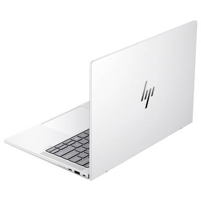 Silberner Laptop von HP, halb geöffnet, mit sichtbarer Tastatur und mehreren Anschlussmöglichkeiten an der linken Seite.