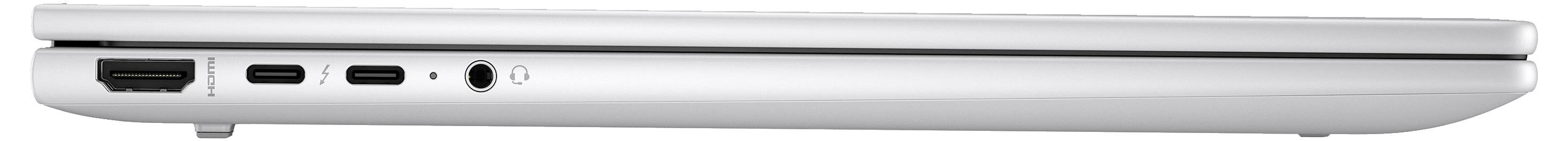 Silberner Laptop von der Seite mit HDMI-, zwei USB-C-Anschlüssen und Audioanschluss erkennbar; Deckel geschlossen.