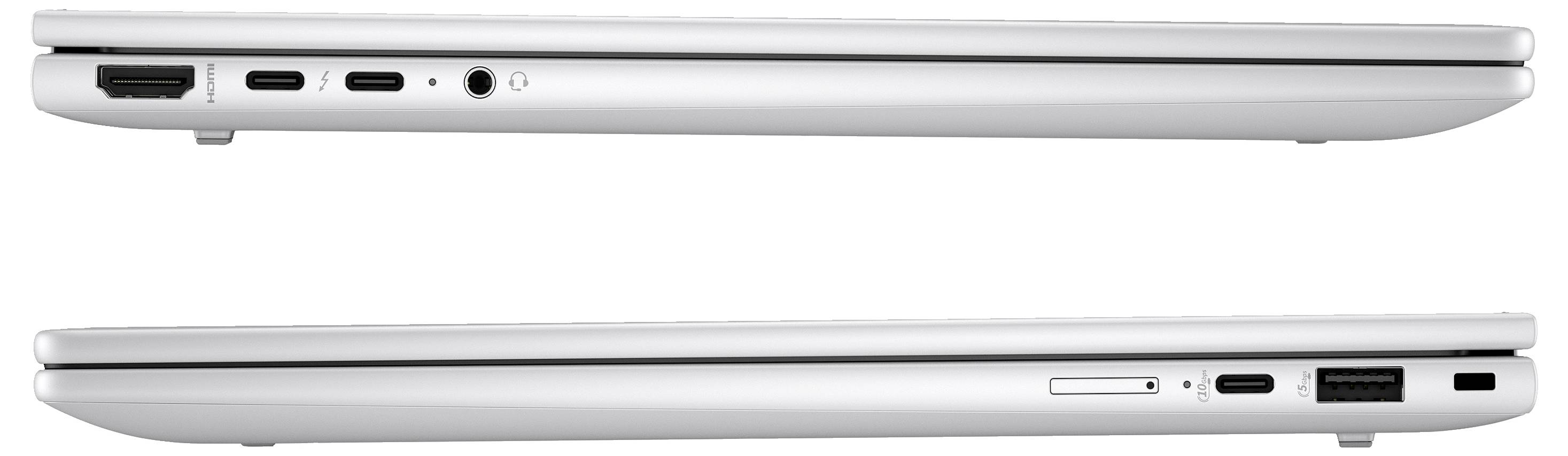 Seitenansicht eines Laptops mit Anschlüssen: HDMI, zwei USB-C, Audio-Klinke oben; USB, Kartenleser unten. Silberne Farbe.