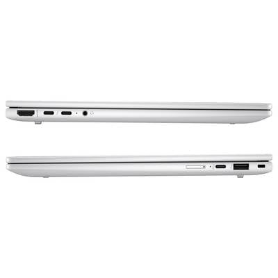 Seitenansicht eines Laptops mit Anschlüssen: HDMI, zwei USB-C, Audio-Klinke oben; USB, Kartenleser unten. Silberne Farbe.