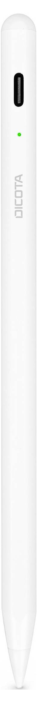 Ein schlanker, weißer digitaler Stift mit einem schwarzen Knopf und einem kleinen, leuchtenden grünen Licht.