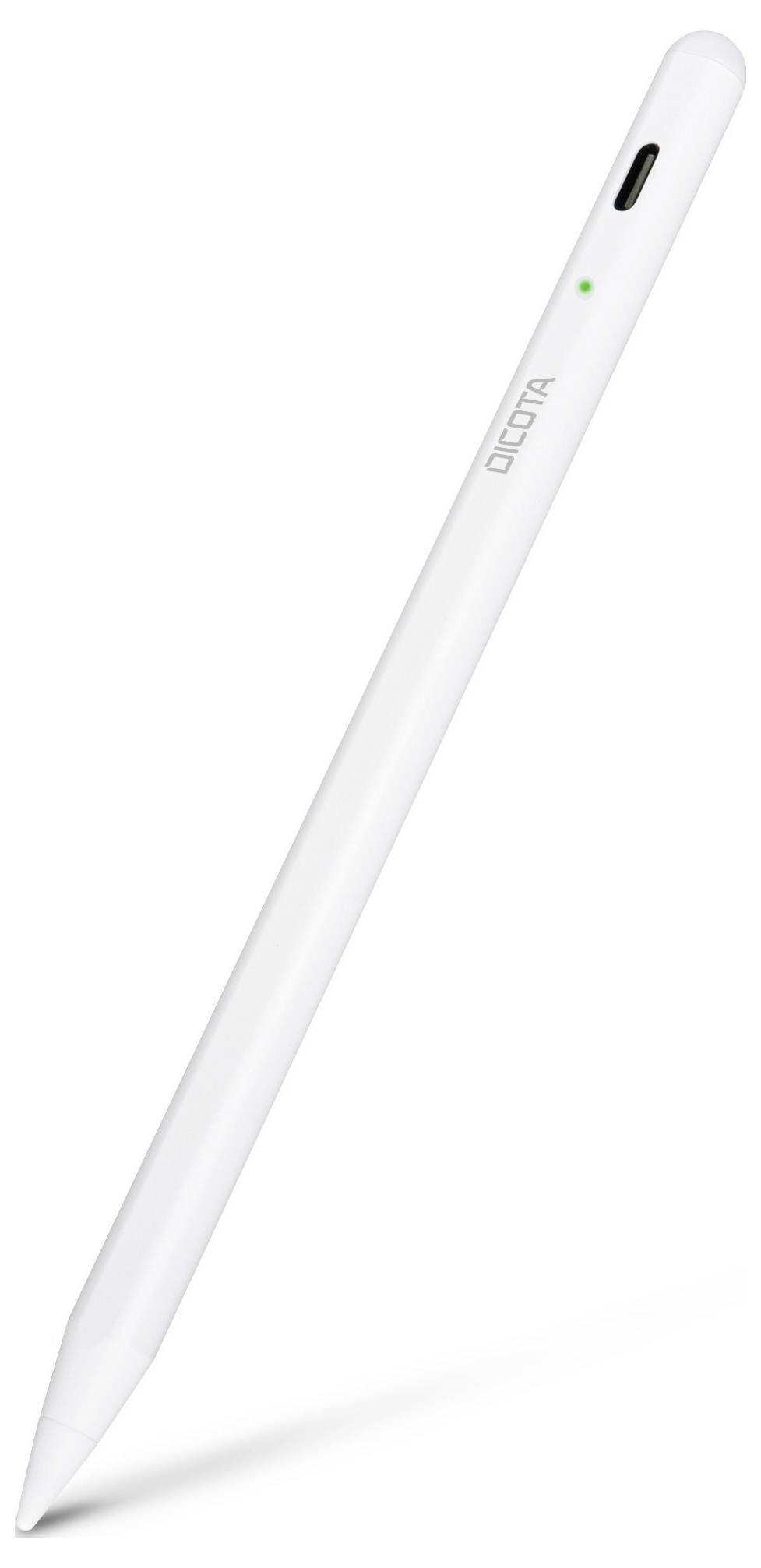 Ein weißer, schlanker Tablet-Stift mit einem Knopf und einer kleinen LED-Anzeige am oberen Ende, geeignet für präzises Zeichnen und Notizen.