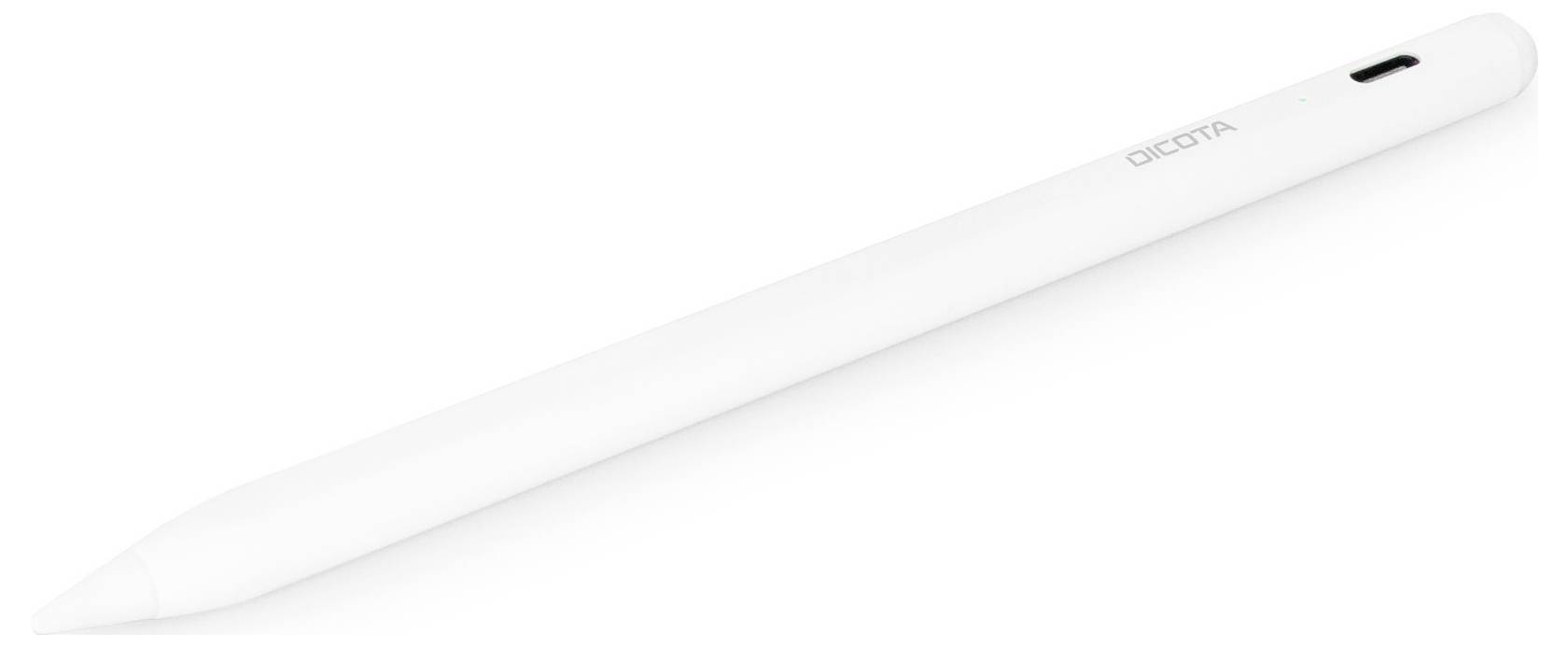 Ein weißer, eleganter Computerstift mit schlankem Design. Markenzeichen 'Dicota' ist sichtbar. Ideal für Tablets oder Touchscreens.