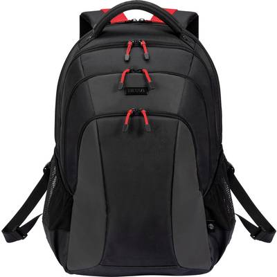 Ein schwarzer Rucksack mit mehreren Fächern und roten Reißverschlüssen auf der Vorderseite. Ideal für Schule oder Reisen.