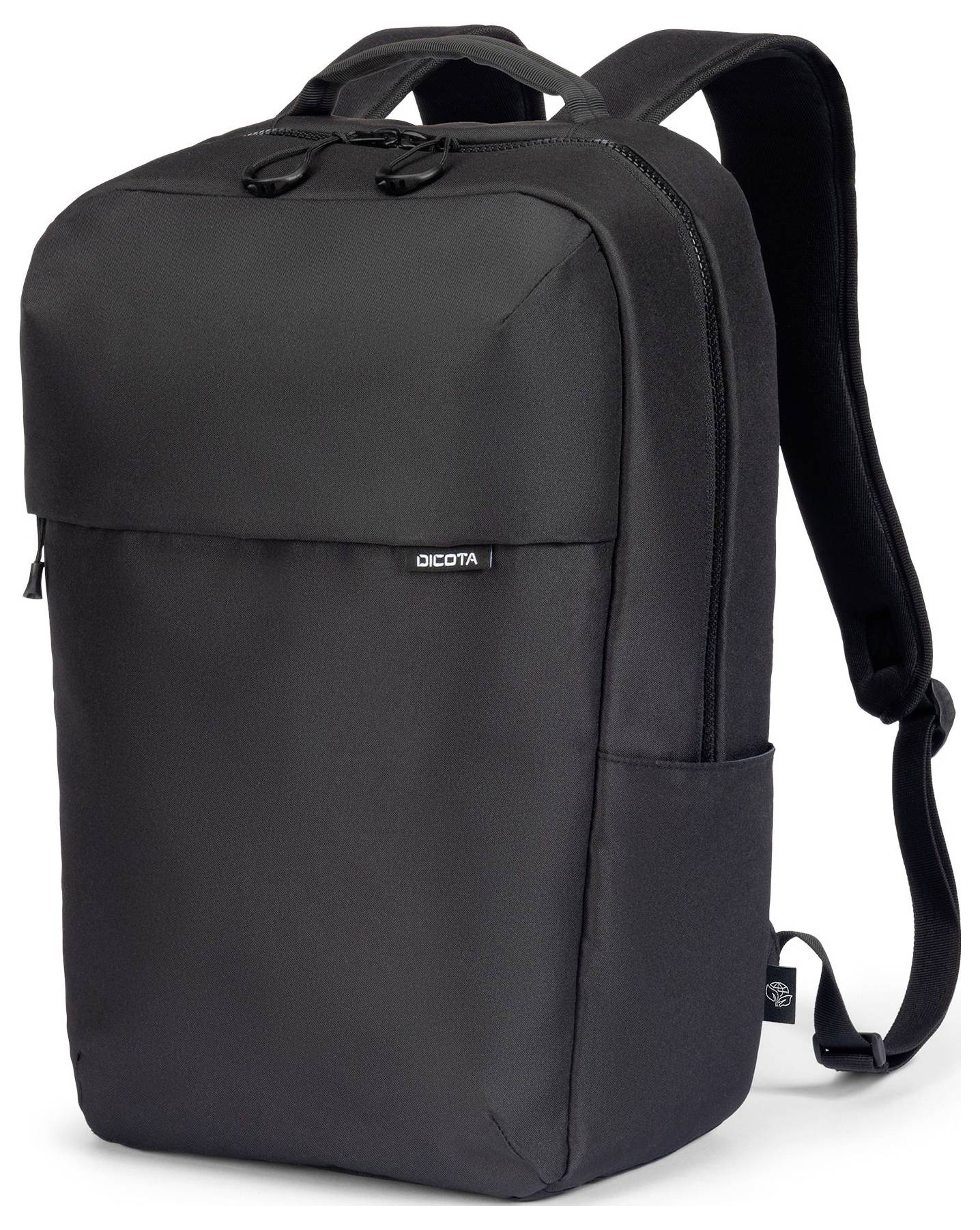 Ein schwarzer Rucksack mit zwei Schulterriemen und einem oberen Tragegriff. Er hat ein Hauptfach und eine Vordertasche mit Reißverschluss.