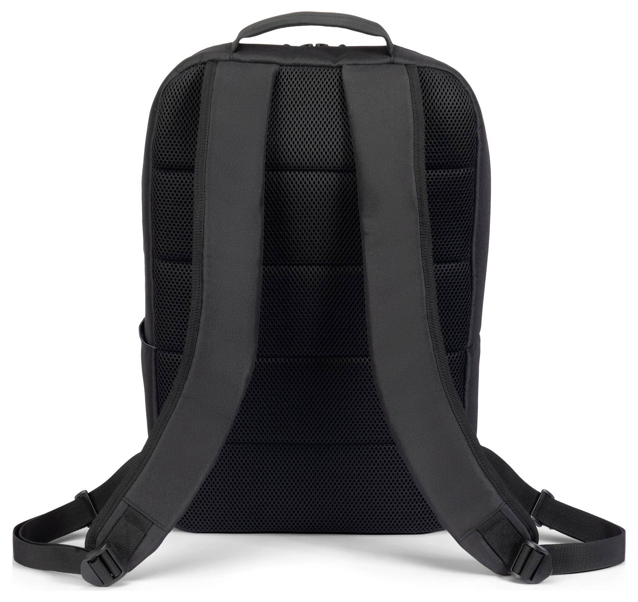 Ein schwarzer Rucksack von hinten mit verstellbaren, gepolsterten Trägern und einem Tragegriff oben.