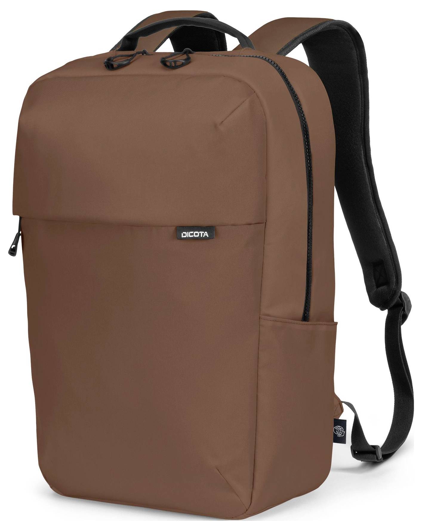 Brauner Rucksack mit schwarzen Trägern und seitlicher Tasche; geeignet für den Transport von Alltagsgegenständen.
