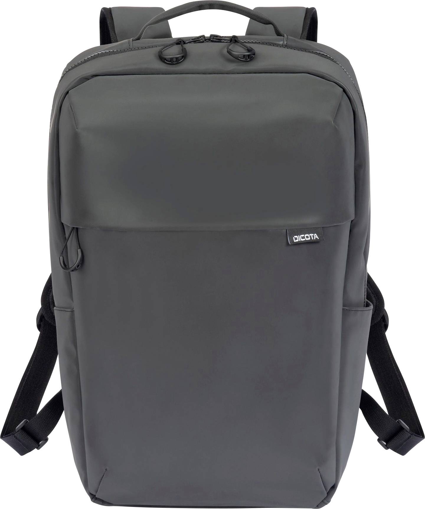 Ein grauer Rucksack mit schwarzem Griff und Schulterriemen. An der Vorderseite befindet sich ein kleines Etikett mit der Aufschrift 'Dicota'.