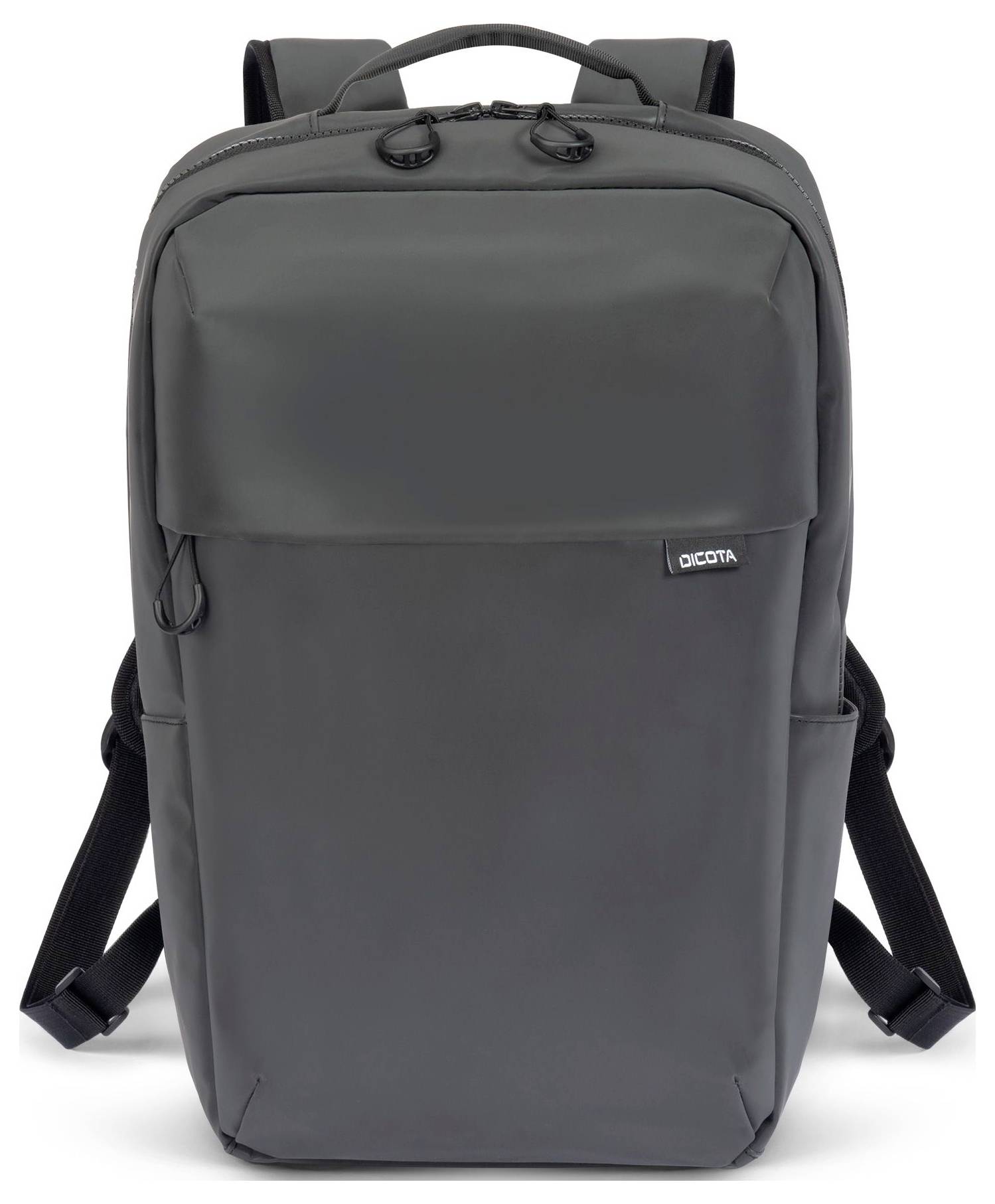 Dunkelgrauer Rucksack mit zwei Reißverschlüssen, einem oberen Griff und verstellbaren Schulterriemen. Markenname 'Dicota' auf der Vorderseite.