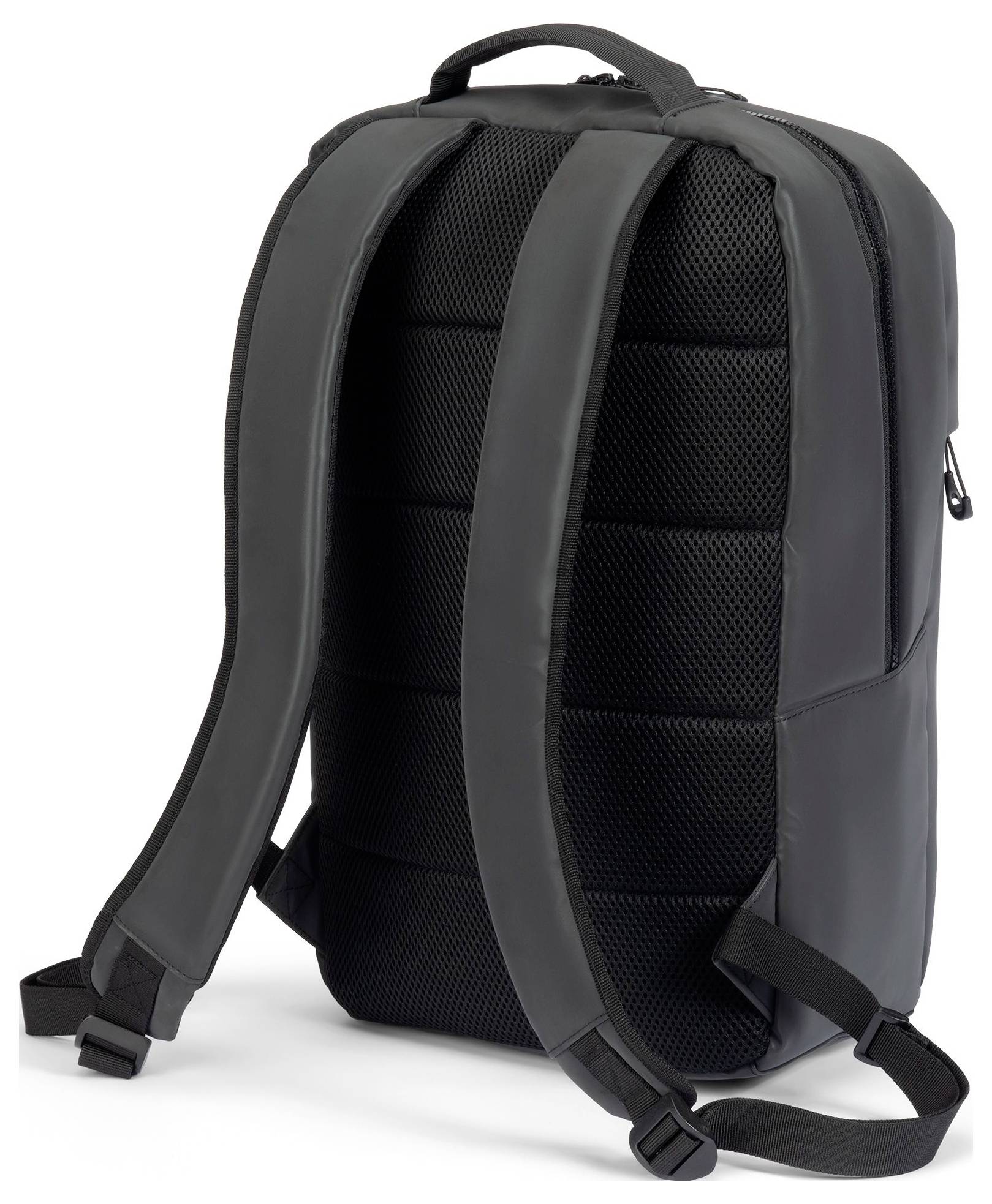 Schwarzer Rucksack von hinten, zeigt gepolsterte Schultergurte und atmungsaktive Rückenpolsterung für Komfort beim Tragen.