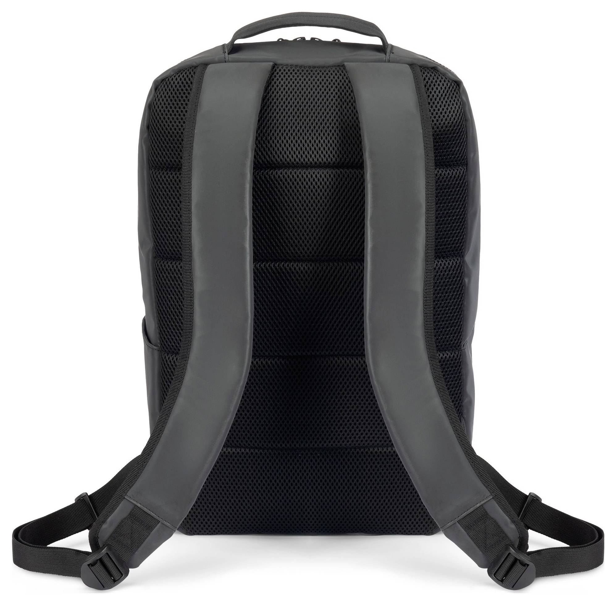 Rückansicht eines schwarzen Rucksacks mit gepolsterten Trägern und atmungsaktivem Mesh-Rückenteil. Ideal für Komfort beim Tragen.