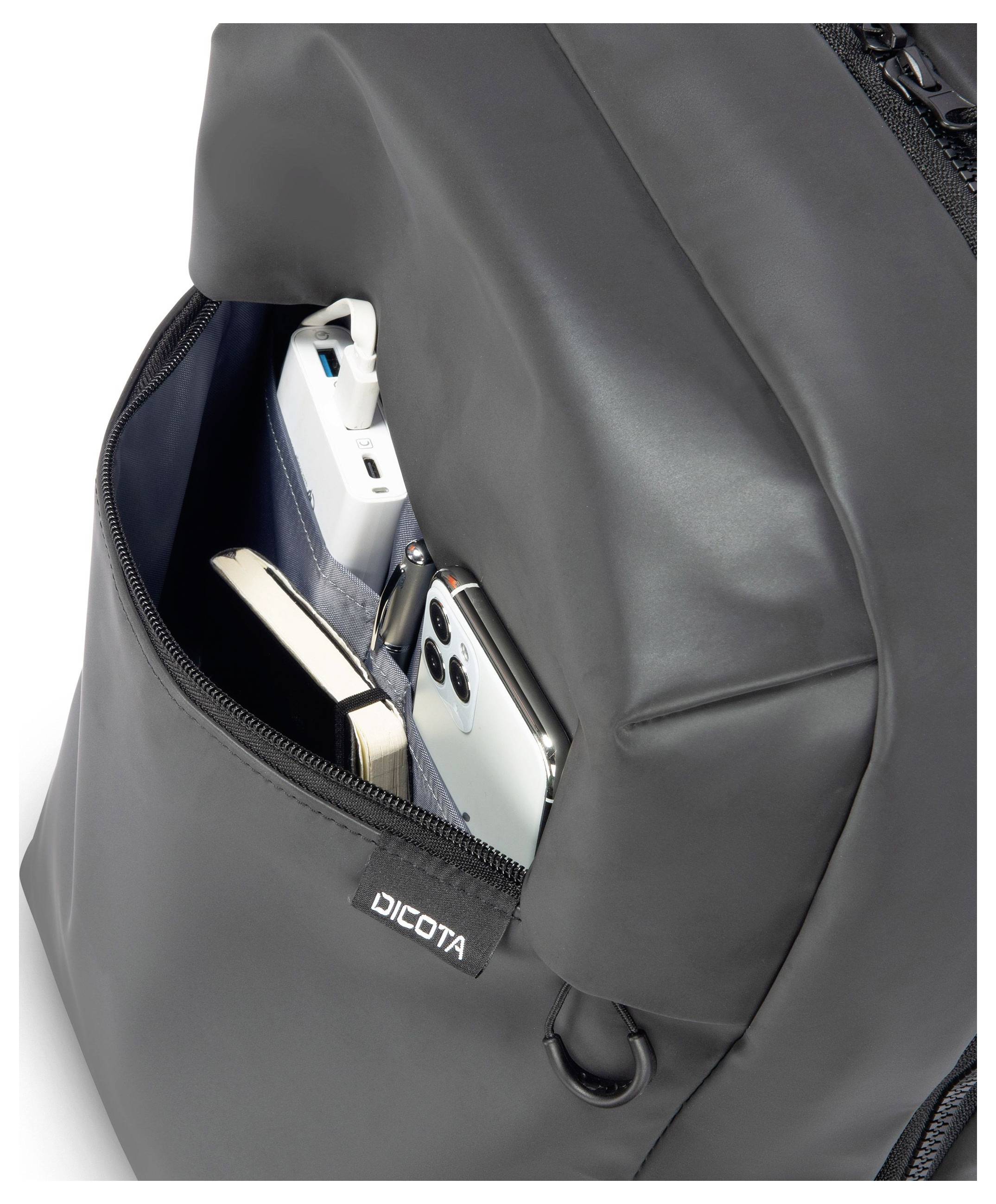 Eine schwarz-graue Tasche mit einer Vordertasche, die ein Smartphone, ein Ladegerät und ein Notizbuch enthält.