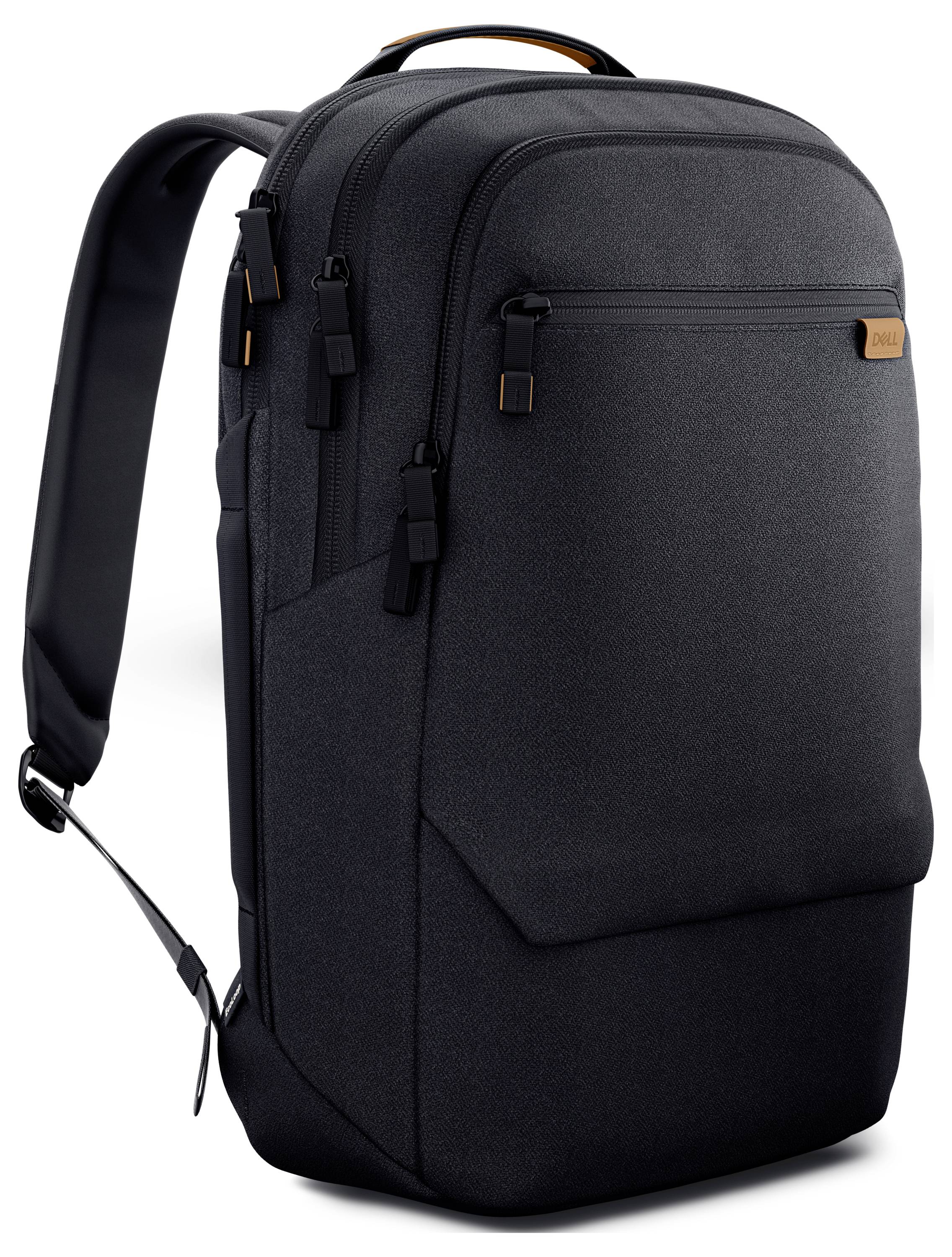 Ein schwarzer Rucksack steht aufrecht. Er hat mehrere Fächer mit Reißverschlüssen und verstellbare Schultergurte.