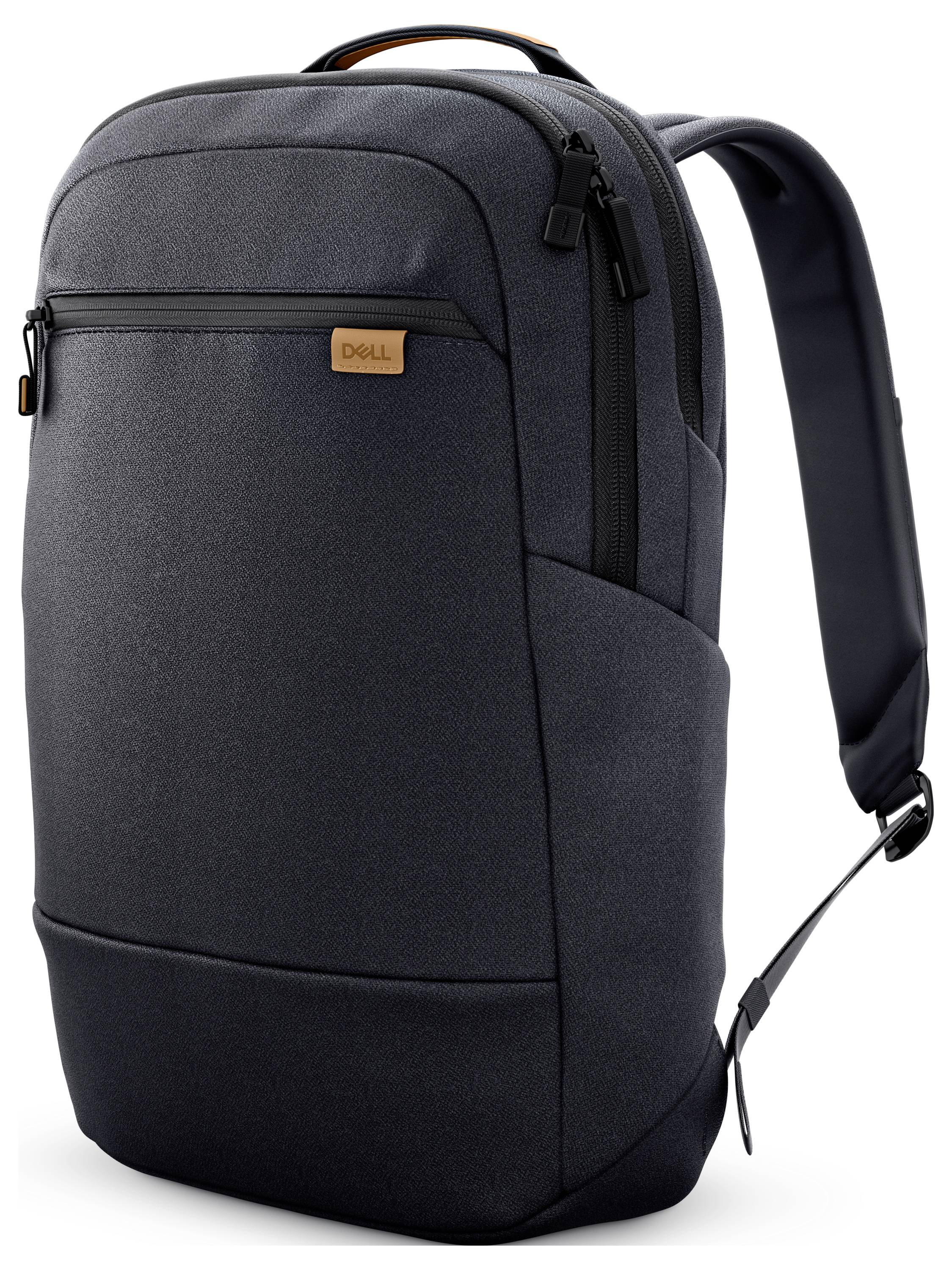 Ein grauer Laptop-Rucksack mit Reißverschlüssen und einer kleinen ledernen Marke. Geeignet für die Aufbewahrung elektronischer Geräte.