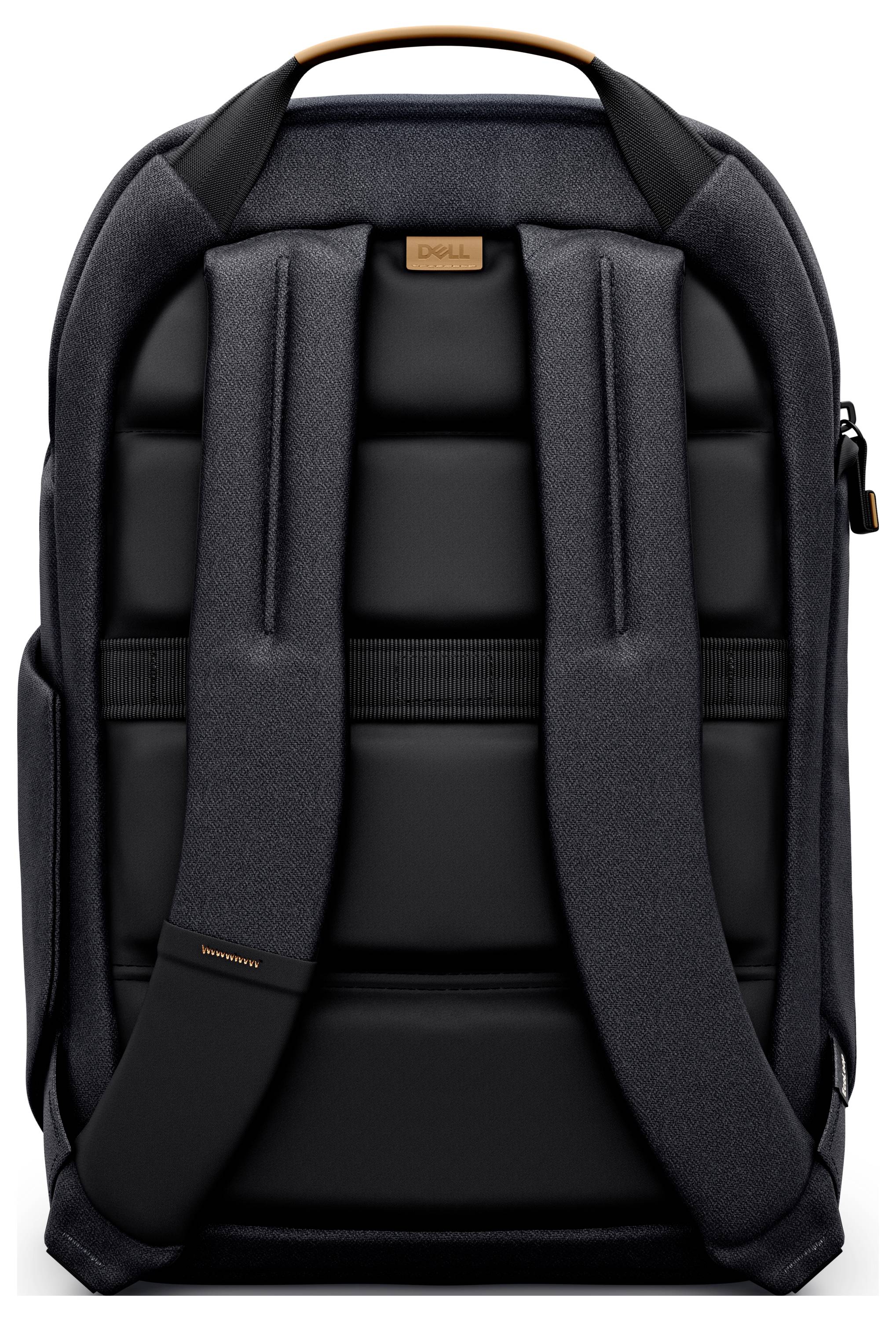 Ein schwarzer Rucksack mit gepolsterten Schultergurten. Oben ist ein brauner Griff zu sehen. Markenname 'Dell' oben in der Mitte.