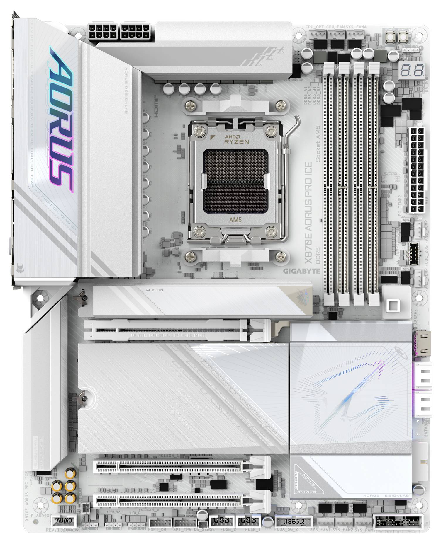 Ein Computer-Motherboard mit mehreren Speichersteckplätzen, Anschlussbuchsen und farbigem 'AORUS'-Logo. Hauptplatine in silbernem Design.