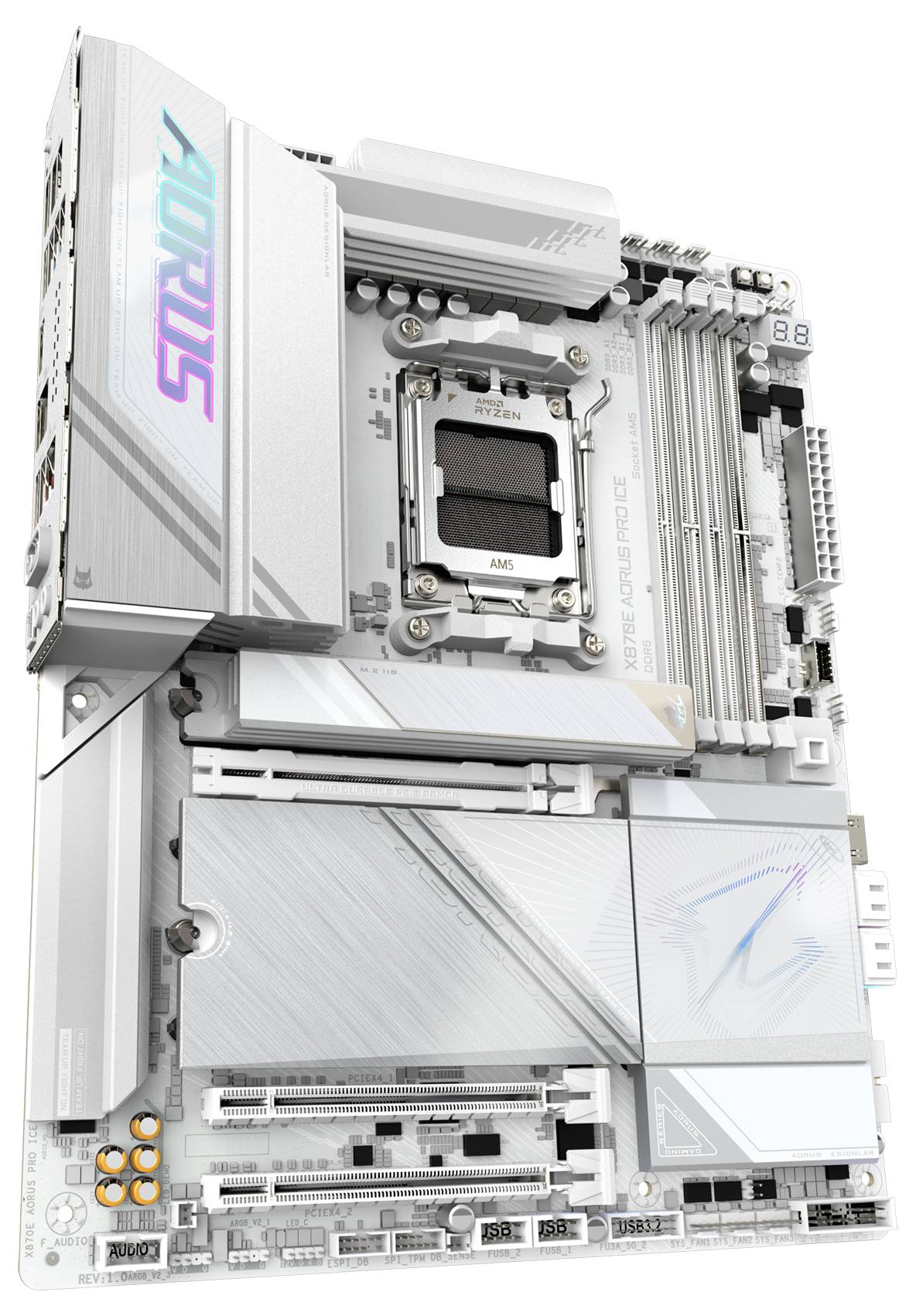 Gaming-Mainboard mit hellem Design, mehreren Speichersteckplätzen und leuchtendem Logo; ausgelegt für leistungsstarke CPUs.