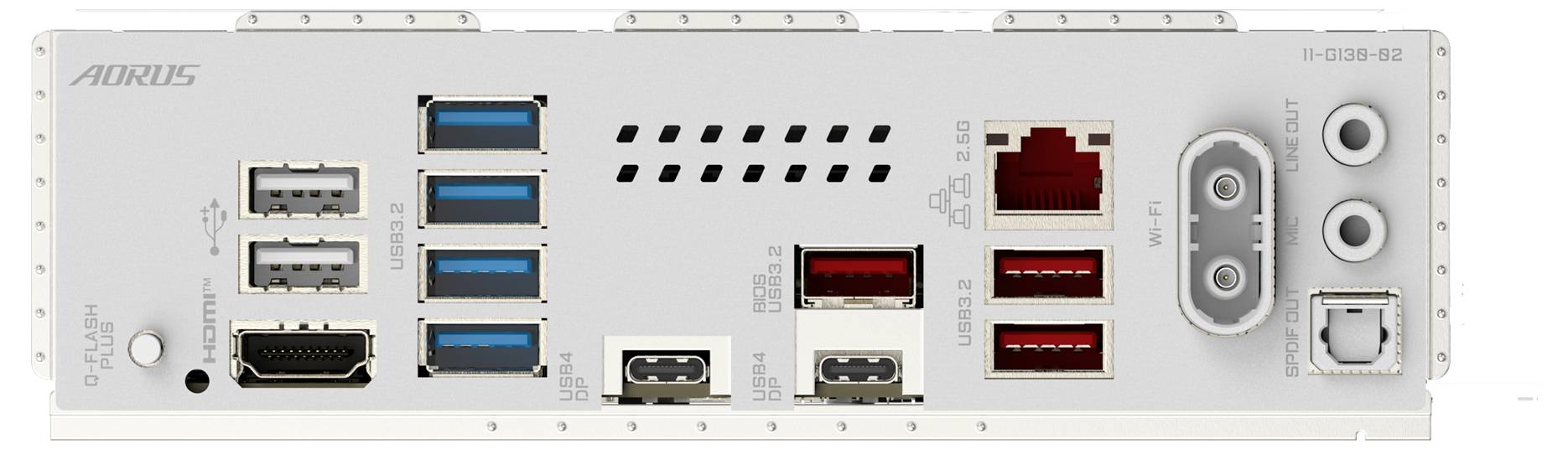 Rückseite eines Motherboards mit verschiedenen Anschlüssen: USB, HDMI, LAN und Audio.